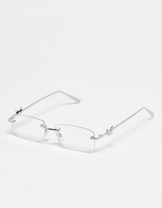 Kaiia exclusive rectangular rimless blue light lens butterfly detail glasses in silver | ASOS