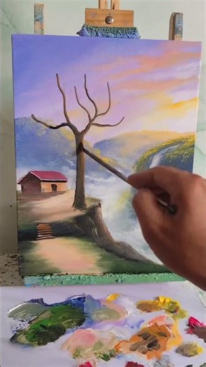Spring Blooming Tree Painting Under Sunrise on the Mountain | Easy Nature Art