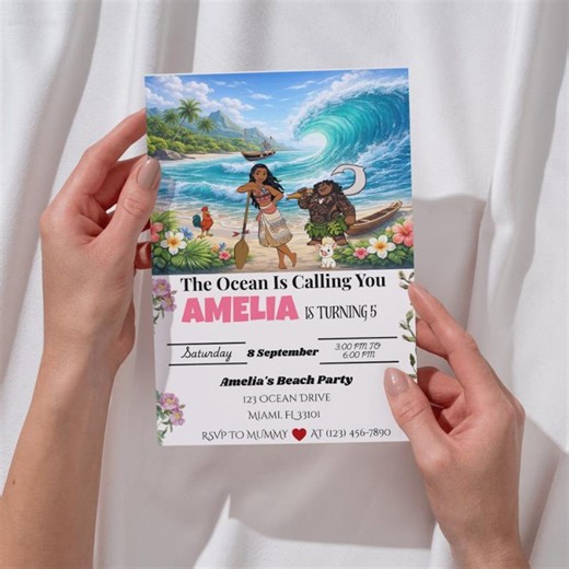 Editable Moana Birthday Invitation Template, Moana Party Invite, Tropical Princess Birthday Invitation, Canva Editable Kids Birthday Invite.