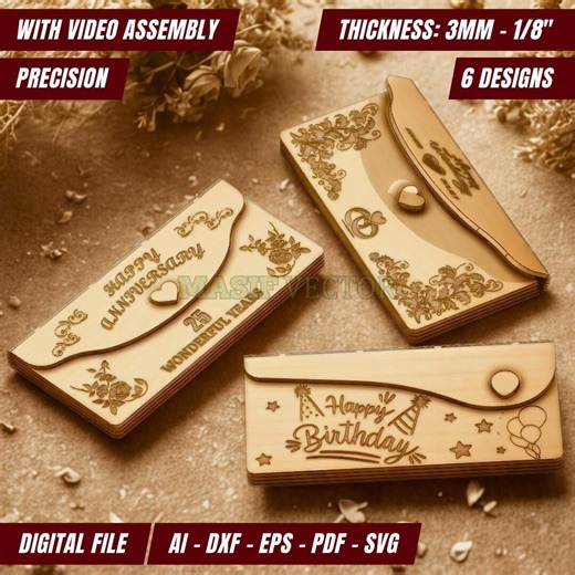 Laser Cut Wooden Envelope Designs With Engraving: Wedding, Birthday, Anniversary Bundle (digital Download) - Etsy