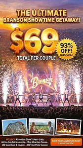 🤩 Imagine a Branson getaway filled with dazzling shows and thrilling attractions– for just $69 Per Couple! This incredible package includes: 🎸4 Super Platinum Show Tickets: Experience the magic of live entertainment with top-rated Branson shows. 🍳 6 All-You-Can-Eat Breakfast Buffets! 🎢2 Tickets to Local Attractions: Explore the wonders of Branson, from thrilling theme parks to stunning natural beauty. 🎟️Branson Coupons & $50 Branson Guest Card Old Time Photo Session with Souvenir Photo! Don