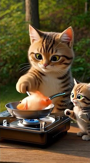 Cute Mama Cat & Kitten Go Fishing 🎣 | Cooking Fish Together | Adorable Cat Family #shorts