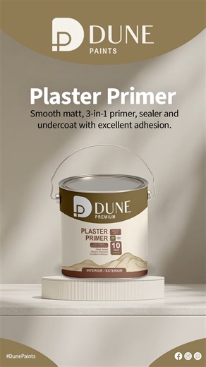 @dunepaints on Instagram: "Dune Premium Plaster Primer: Smooth matt, water-based, low VOC, lead-free 3‑in‑1 primer, sealer and undercoat with excellent adhesion and a 10‑year guarantee. Get ready to paint with Dune! #DunePaints #ExclusivelyAtHalsteds #SimplyElegant"