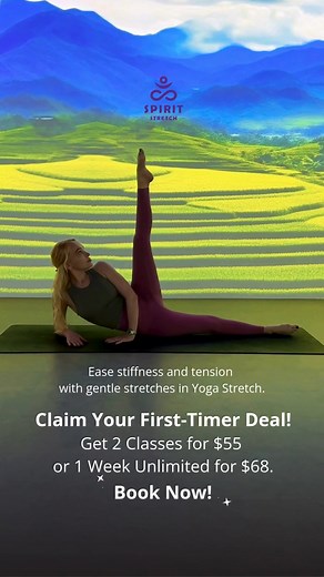 2 Classes at $55 or 1 Week Unlimited at $68. Ready to experience yoga like never before? As a newcomer to Spirit Stretch, Singapore’s first immersive yoga studio, enjoy 2 classes at $55, with a one-month validity, or 1 week of unlimited classes at $68. | Spirit Stretch Immersive Yoga