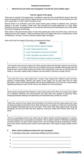 Reading- Regrets and third conditional worksheet