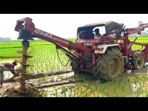 Electric Pole Installation By Tractor hydraulic post hole digger