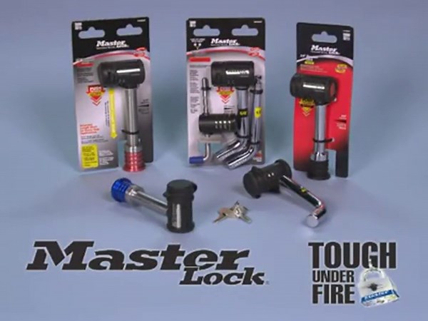 Master Lock Silver and Red Receiver Lock, Stainless Steel Barbell™ Hitch Pin Lock, Fits 5/8 in. Receivers, Weather Resistant Automotive Receiver Lock, 1469DAT