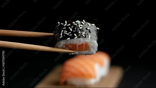 Sashimi Nigiri Platter, japanese sushi restaurant, Fresh Tuna and Salmon Slices in modern cafe, traditional food, raw red fish dish, omega 3. High quality 4k footage