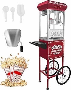 Popcorn Machine Maker with Cart, 10 Oz Popcorn Maker up to 40 Cups per Batch, 800 W Tabletop Popcorn Maker Built-in insulation system Makes, For Home/Movie Theater/Bar/Christmas/BBQ