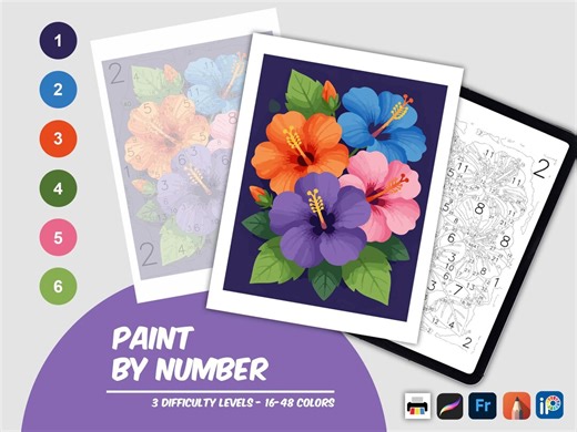 Digital Color by Number Printable, Beautiful Hibiscus Flower Bundle, Relaxing Paint by Number PDF, Adult Coloring Page - Etsy