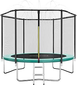 Trampoline for Kids & Adults - 14FT/12FT/10FT/8FT Outdoor Trampoline with Safety Net, Ladder & Sprinkler, Anti-Rust, ASTM Approved, Green