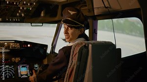 Portrait of woman copilot flying airplane with captain in cockpit, using control panel navigation on power dashboard. Aircraft windscreen to fly with engine command. Handheld shot.