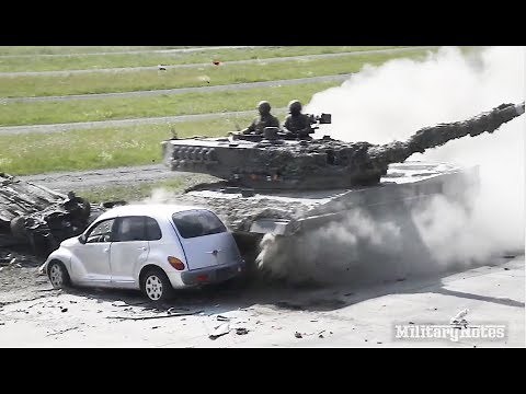 Car vs Main Battle Tank: Leopard 2A4 rams into cars at full speed