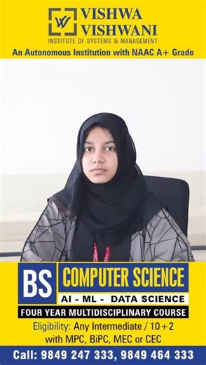 VVISM on Instagram: "Launch Your Tech Career Right After Inter – BS AI & ML at Vishwa Vishwani "Why wait till graduation to build your career? ✅ Start early with Python, AI, and Data Science ✅ Leadership training from top mentors & industry experts 📍 Experience hands-on learning from Year 1" #AIandML #BSComputerScience #StudentTestimonial #VishwaVishwani #After12thCourses #ArtificialIntelligence #MachineLearning #TopCollegeForAI&ML #HyderabadColleges #BestCollegeForAI&ML #StudentTestimonial #An