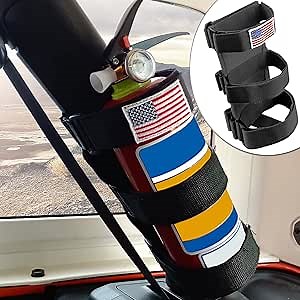 Black Fire Extinguisher Holder Roll Bar Adjustable Strap Brackets Fits for Jeep Wrangler Unlimited CJ YJ TJ LJ JK JKU JL JLU with USA Flag Pattern
