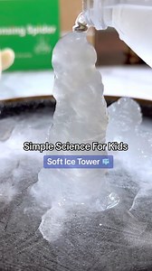 Grow your own soft ice tower! 🧊 Grab drinking water, rock salt, and ice - pour onto a frozen plate & watch the magic begin 🙌 ✨Behind the magic: Rock salt helps to lower the freezing point of both water and ice causing our water bottle to become super cooled! This means that the temperature of the water is below freezing but hasn’t yet become a solid. When you give this super cooled liquid somewhere to attach to, like the frozen plate, it quickly transitions into a solid! | KiwiCo
