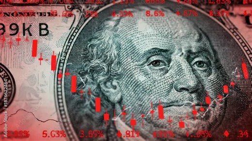 Dollar bill shows crisis with falling percentages and red chart overlay. Currency displays market crash data. Dollar with crisis percentages. Financial decline on dollar with falling market data.