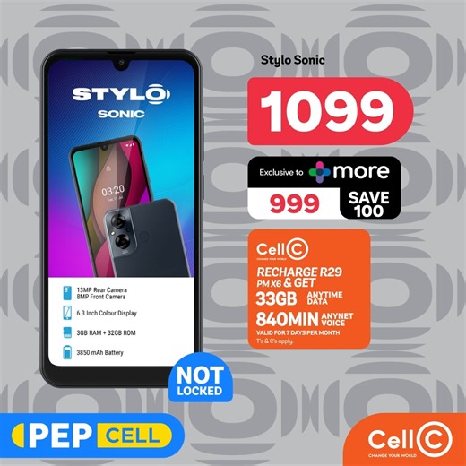 36K views · 253 reactions | Recharge for less with PEP & Cell C! Get the Stylo Sonic for only R1099 & recharge with Cell C. Recharge R29 pm x 6 and get 33GB anytime data and 840 min anynet voice. Valid for 7 days per month. Available at PEP CELL today! Join +more for FREE in under a minute and save R100 on the Stylo Sonic! #LifesBetterWithPEP #PEPCELL #cellcity | PEP | Facebook