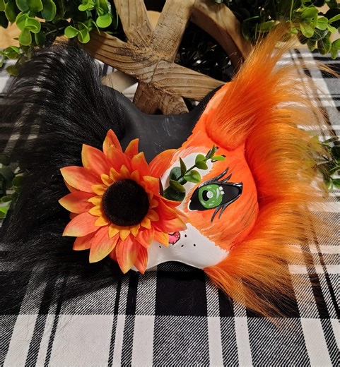 Calico Cat Therian Mask | Faux Fur Fursuit Quadrobics Mask | Custom Cosplay Animal Mask With Green Eyes & Flower Accent - Etsy