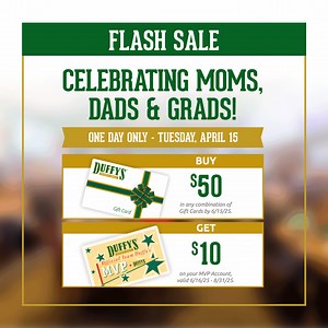 🚨 Flash Sale, TODAY ONLY! 🚨 Buy $50 in any combination of Duffy's Gift Cards and receive a $15 Bonus loaded on your MVP account. Offer valid in-store and online. Visit https://www.duffysmvp.com/giftcards to buy now! Not an MVP? Sign up for free! #MVPsScoreBig #GiftCards #FlashSale | Duffy's Sports Grill