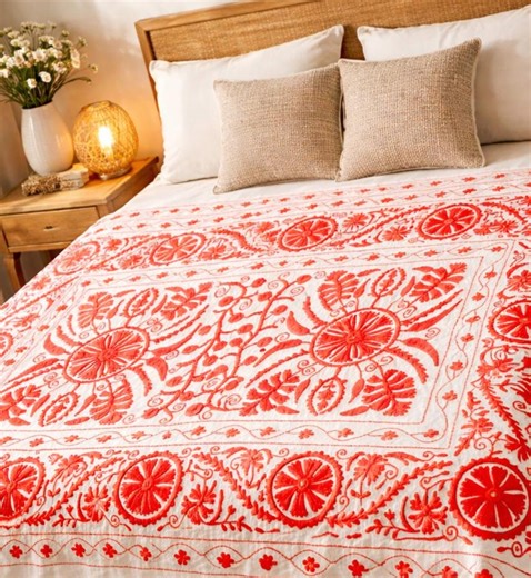 Handmade Embroidered Cotton Blanket, Red Floral Throw, Boho Bedding, Vintage Style, 60x90 Inches - Etsy