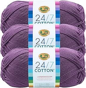 Lion Brand 24/7 Cotton Yarn, Yarn for Knitting, Crocheting, and Crafts, Purple, 3 Pack