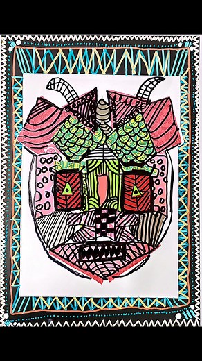 Our symmetrical, complementary coloured, organic and geometric shapes masks are finished! So many skills and so much learning involved with these! Super work by these Year 3s!! Thanks for your inspo @rainbow.heart.artroom ❤️ | Art Teacher Life