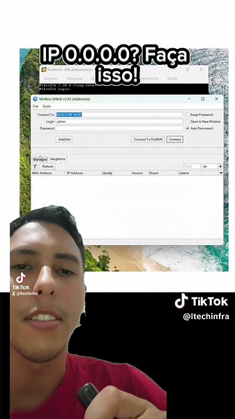 IP 0.0.0.0 e o MikroTik não conecta no WinBox? É aqui que muita gente trava. Na configuração inicial do MikroTik, muita gente tenta conectar pelo IP… mas ele ainda não pegou endereço. No WinBox, faz assim: Abre o programa → clica nos três pontos em “Connect To” → vai na aba Neighbor Discovery (Neighbors). Se o roteador aparecer com IP 0.0.0.0, não é erro. Nesse caso, você deve fazer o acesso pelo MAC. O IP é usado quando o roteador já tem endereço configurado. O MAC é usado quando ele ainda não 