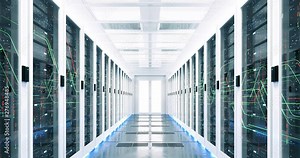 3D Render of Fly Through Rack Servers in Data Center. Digitalization of Global Big Information