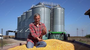 Happy Farmer Sitting In Tractor Trailer Full Of Corn Grains In Front Of Grain Storage Bins. Smiling Farmer Showing Harvested Grains Against Grain Silo. Harvest Time. Corn Grain Yield.