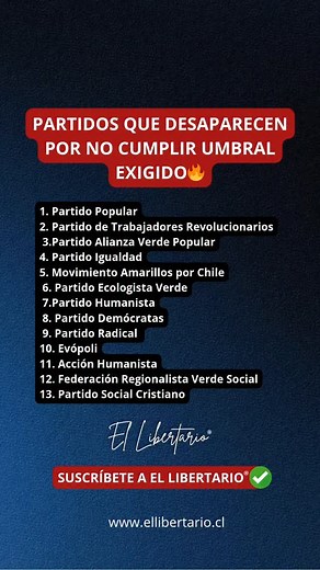 13 PARTIDOS FUERA DEL MAPA 🔥 Chile amaneció con un remezón político gigantesco: 13 partidos NO lograron el umbral mínimo y quedan automáticamente disueltos. Pero la verdadera pregunta es… ¿QUÉ SIGNIFICA ESTO PARA EL FUTURO POLÍTICO DEL PAÍS? 🤔🔥 Mientras la vieja política se desmorona, los ciudadanos están migrando hacia movimientos nuevos, más claros y con convicciones firmes. La era de los partidos “de papel” se acabó… y el mapa del poder cambió hoy para siempre. 📉💥 Pero yo quiero saber TU