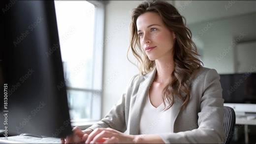 A focused woman works on a computer in a modern office, highlighting productivity and professional environment.