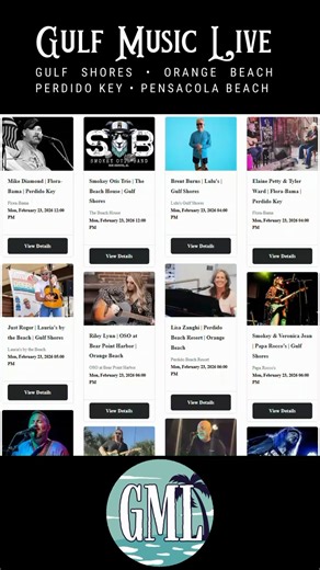 🎤 𝐆𝐌𝐋 𝐒𝐞𝐭𝐥𝐢𝐬𝐭 – 𝐌𝐨𝐧𝐝𝐚𝐲, 𝐅𝐞𝐛 𝟐𝟑𝐫𝐝 🎤 ⛱️ GulfMusicLive.com ⛱️ GulfMusicLive.com has today's shows ready to explore — from daytime sets to evening music across Gulf Shores, Orange Beach, and Perdido Key. Take a look at the full calendar & search here: https://gulfmusiclive.com If you're digging GML and these daily setlists, give us a like, drop a comment, tag your favorite performer or venue, share with friends, and hit follow - we greatly appreciate it! Follow us on FB at G