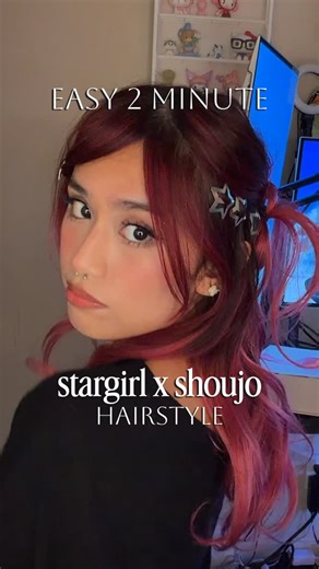 cara funk ✰ on Instagram: "the easiest anime girl hair ever 💫🎀 this is a super quick and easy 2 minute shoujo girl inspired hair tutorial that i forgot to include in my originsl tutorial for “trying out shoujo girl hairstyles,” but in hindsight it was probably for the best! this look was so quick it only would’ve been on screen for a handful of seconds before being complete 🤭 would you recreate this stargirl x shoujo look? —❄️💭🎧 two minute looks, two minute easy hairstyles, ume kurumizawa, 