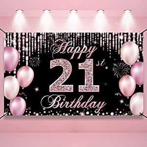 21st Birthday Decorations for Her, Happy 21st Birthday Banner Backdrop, Pink 21 Year Old Birthday Party Photo Booth Props Background Decor for Outdoor Indoor, Fabric, 6.1ft x 3.6ft