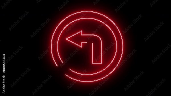 illustration of a traffic sign turning left mandatory. In front it is mandatory to turn left. Animation of a red light shining around