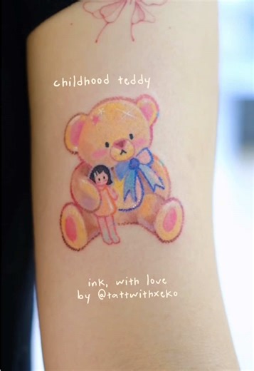crayon texture childhood teddy 🤎🧸 #tattoo #tattoideas #colortattoo #tattooinspiration #fyp