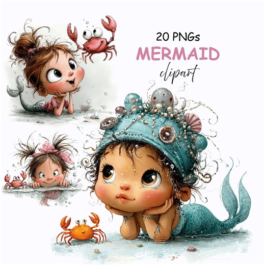Mermaid Cartoon Clipart: Whimsical Graphics (digital Download - 20 Pngs) - Etsy