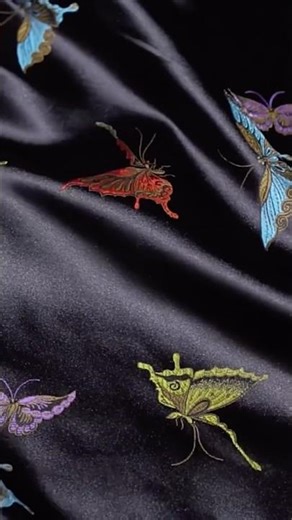 Elegant Butterfly Embroidery Black Satin Fashion Textile Designer Sewing Cloth