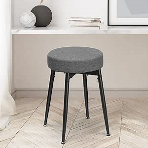360° Swivel Vanity Stool, Vanity Chair Stools for Makeup Room, Round Linen Makeup Chair, Modern Small Ottoman Foot Rest Bench with Metal Legs for Living Room, Bedroom, Grey&Black