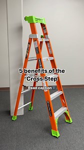 5 benefits of the #LouisvilleLadder Cross Step: 1. Get 6” closer to your work with the 2 in 1 step to leaning ladder 2. “V” shaped ProTop™ allows it to lean into walls and corners and includes multiple tool slots with magnet 3. SHOX™ protects fiberglass rails against damage 4. RaptorBoot™ delivers slip-resistant footing and durability 5. Exclusive LeanGreen technology to make it clear that your worksite is OSHA compliant #benefits #ladder #laddersafety #construction #jobsite #diy | Louisville La