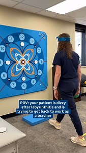 Using our new @motionguidance system for vestibular rehab!!! (Not an ad, we are just really loving this product) This drill layers some of the skills a teacher needs when returning to work 🍎 The patient is responding to a light up pod with a head mount laser, then walking to the visual background to reach for a number on command. Then walking backwards and doing it again! We’re training: 👁️ Visual, vestibular, and proprioceptive interaction so walking down a busy hallway doesn’t trigger dizzin