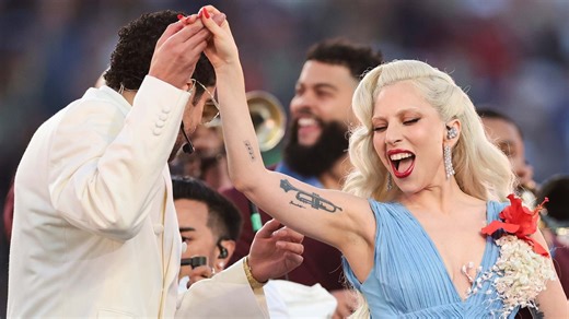 Lady Gaga surprises Bad Bunny fans during the Apple Music Super Bowl LX halftime show, which aired on NBC, Telemundo and Peacock. | Entertainment Tonight