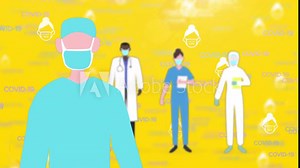 Animation of surgeon wearing mask with medical personnel standing behind over words Covid-19 and peo Stock Video
