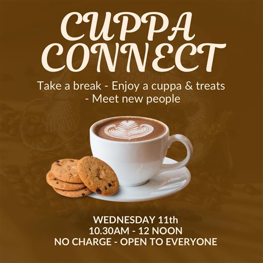 Monaghan Elim Church on Instagram: "Cuppa Connect continues tomorrow Wed 11th from 10.30am - 12 noon.☕🍰 If you’ve got a few minutes to take a break, drop in between 10:30am and 12:00 noon for a cup of tea or coffee and some delicious treats, we’d love to see you. 😊 There is no charge and it's open to everyone. Eircode H18 TE81"