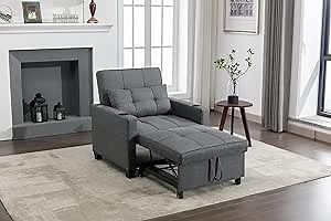 Pull Out Sleeper Chair Bed, 3-in-1 Convertible Futon Chair Bed with USB Charging Ports, Cup Holders, Side Pockets for Living Room (Dark Grey Linen)