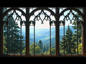 Gothic Castle Window Projector | Peaceful Mountain View Ambience in 4K