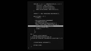 Vertical animated block with scrolling abstract code.