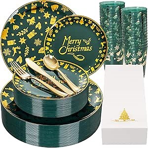 175Pcs Christmas Plates Disposable - Christmas Plastic Plates - Red Gold Plate Dinnerware Set for 25 Guests Include 50 Plate, 75 Silverware, 25Cups, 25Napkins for Xmas Party