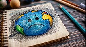 Drawing of sad Earth on notebook environmental awareness and climate change crisis